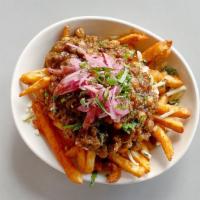 Vegan Channa Fries (Vegan) · *NO CHEESE*  - masala fries topped with Channa Masala, pickled onion & tamarind chutney