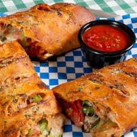 Stromboli · Baked crust stuffed with Italian sausage, peppers, pepperoni, hot giardiniera, and olive oil.