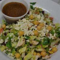 Chopped Salad (Entrée) · Chopped iceberg, salami, grilled chicken, diced tomatoes, basil, mozzarella cheese, garbanzo...