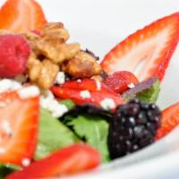 Mixed Berry & Chicken Salad (Entrée) · Mixed greens, chicken, gorgonzola cheese, candied walnuts, blackberries, strawberries, and r...