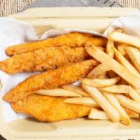 Fried Chicken Strips · Battered in house chicken, cut into strips. 
with fries