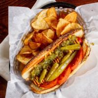 The Superfan · All-beef hot dog, Chicago style, poppy seed bun, yellow mustard, sweet relish, tomato, dill ...