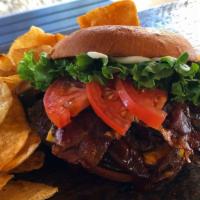 Cowboy Burger · Smashed ground beef patty with mayo, melted cheddar, tangy BBQ sauce, bacon, grilled onions,...