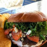 Buffalo Bleu Burger · Smashed ground beef patty with ranch dressing, zippy buffalo sauce, bleu cheese crumbles, le...