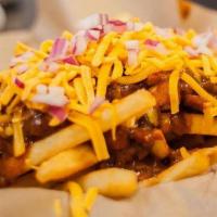 Chili Fries · Topped with chili, Cheddar cheese and purple onion.