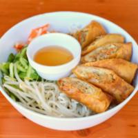 Cha Gio/Crispy Eggrolls · Ground pork, shrimp, carrots, glass noodles and shallots delicately fried to a golden brown....