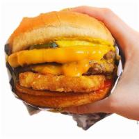Crunchee Double · Double Impossible patty, double cheeseburger sitting on a crunchy hash brown. Dressed with k...