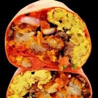All Night Breakfast Burrito · JUST Egg, Impossible meat, tots, pico de gallo, and roasted red pepper sauce in a jumbo toma...