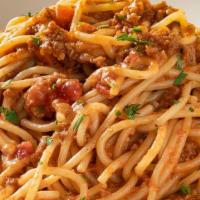 Spaghetti Bolognese · Ground beef & pork, red wine marinara