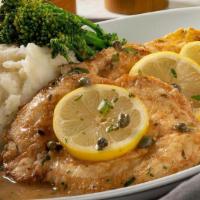 Chicken Limone · Pan-seared chicken in a traditional picatta-style sauce with white wine, lemon & capers, ser...