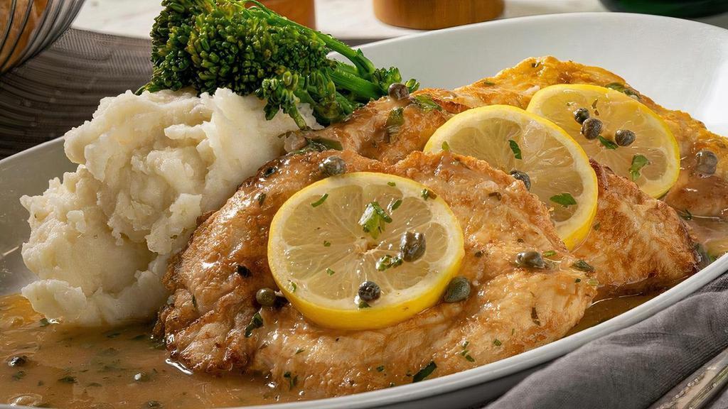 Chicken Limone · Pan-seared chicken in a traditional picatta-style sauce with white wine, lemon & capers, served with broccolini® & mashed potatoes.