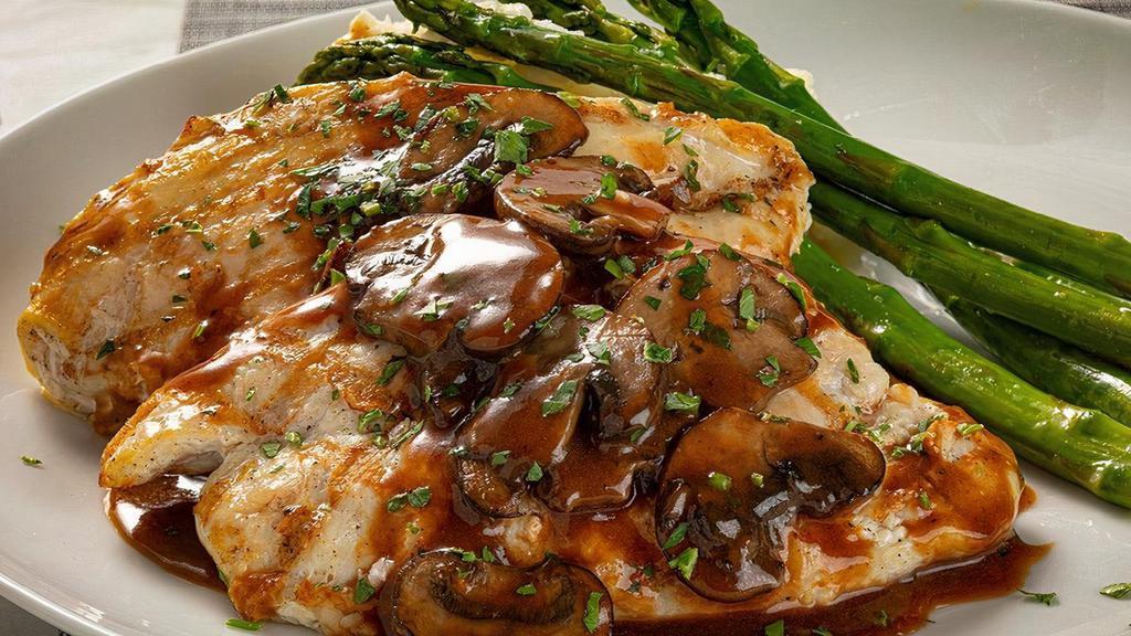 Mezza Grilled Chicken Marsala  · Grilled chicken, marsala sauce, mushrooms, grilled asparagus, mashed potatoes.