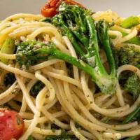 Pesto Primavera · Grilled asparagus, roasted grape tomatoes, broccolini®, spaghetti, house pesto sauce.