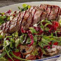 Grilled Steak Salad* · Sliced tenderloin, tomatoes, gorgonzola, mushrooms, candied pecans, creamy horseradish, bals...