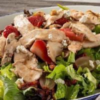 Strawberry Balsamic Chicken Salad · Grilled chicken, mixed greens, strawberries, grapes, candied pecans, gorgonzola, balsamic vi...