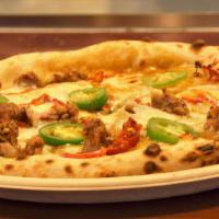 Spicy Sausage And Peppers · Spicy pork sausage, three cheese blend, chiles, roasted garlic pesto