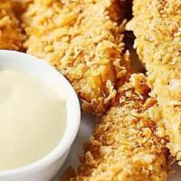 Crispy Chicken Tenders · Buttermilk marinated, choice of ranch, BBQ and ketchup dipping sauce