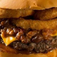 Hickory Burger · Applewood bacon, two onion rings, Cheddar cheese, house-made hickory BBQ sauce, on brioche bun