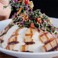 Kale Mango Salad With Grilled Chicken · Grilled chicken, baby kale, mango, shredded carrots, red onions, cherry tomatoes, red bell p...