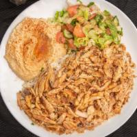 Chicken Shawarma · Marinated grilled strips of chicken. Served with rice, two sides, pita bread, and sauce.