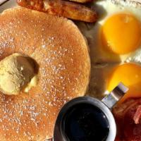 Pancake Special · 2 buttermilk pancakes, 2 eggs any style, 2 bacon strips & 2 sausage links.