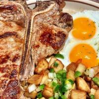 T-Bone Steak & Eggs · Delicious 18-oz. T-Bone steak served with three extra large eggs, choice of a side and choic...