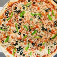 Vegetarian Pizza · Tomatoes, black olives, onions, mushrooms, bell peppers, tomato sauce.