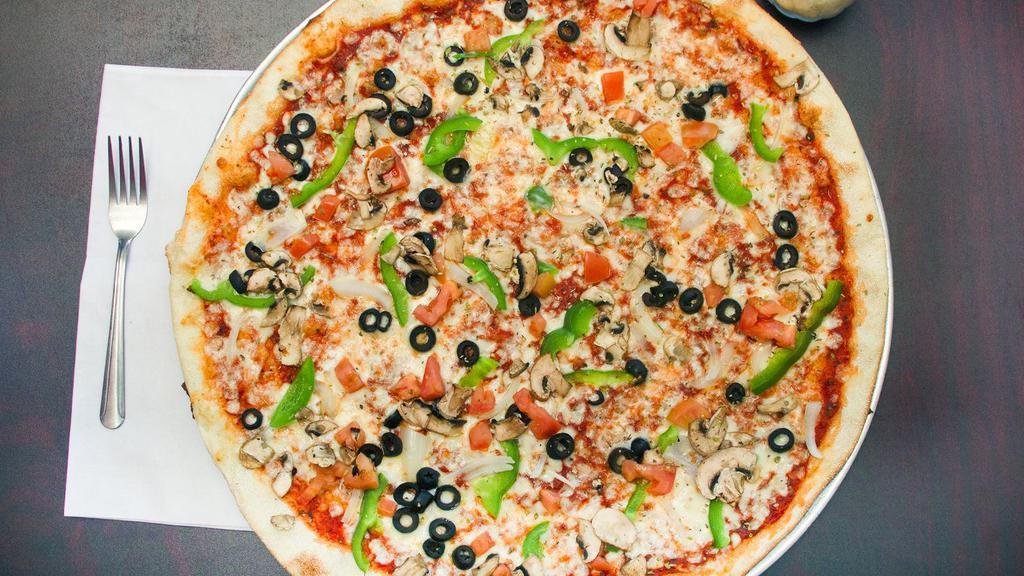 Vegetarian Pizza · Tomatoes, black olives, onions, mushrooms, bell peppers, tomato sauce.