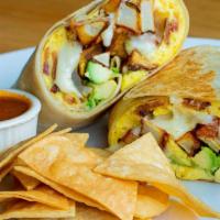 So-Cal Burrito · Scrambled eggs, monterey jack cheese, hash browns, bacon and avocado, served with a side of ...
