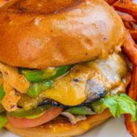 Portobello Burger · Portobello Mushroom, lettuce, bell peppers, feta cheese, seasonal veggies, thousand island d...