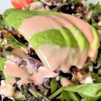 Berry Avocado Salad · Avocado, strawberries, blueberries, cranberries, feta cheese, honey walnuts, field greens an...