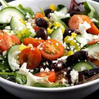 Greek Salad · Mixed greens, cucumbers, cherry tomatoes, pepperoncini, feta cheese, kalamata olives & balsa...