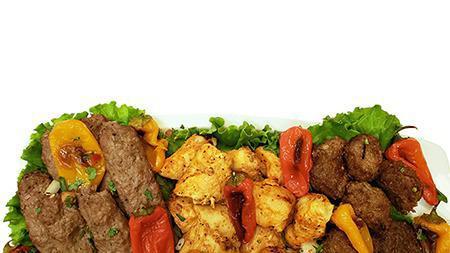 Kebab Platter · Gluten-free. Chicken, Beef Lula, Lamb Kebab, Salad, Pilaf and Hummus.