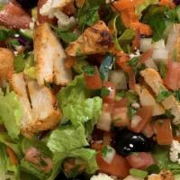 Chicken Salad · Gluten-free. Romaine, sliced chicken kebabs, feta cheese, California olives, tomato, onion, ...