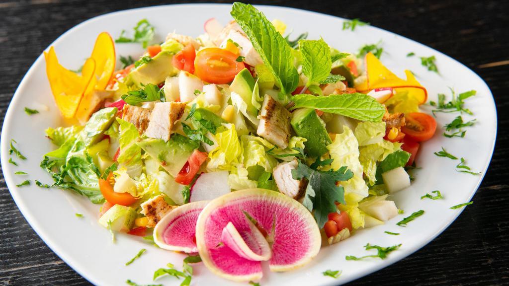 Chop Salad · Grilled chicken, romaine heart, avocado, roasted corn, tomato, fresh pear and house balsamic vinaigrette.