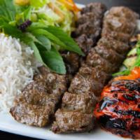 Koobide Kebab (Luleh) · Usda Prime. Two skewers of charbroiled seasoned Prime ground sirloin.