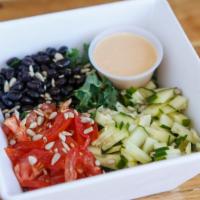 The Krazy Kale · gluten-free & paleo-friendly.  Quinoa/ shredded kale/ black beans/ cherry
tomatoes/ cucumber...
