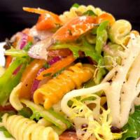 Pasta Salad · Carrots, Bell pepper, Onion, Cucumber, Mixed Greens, Italian Dressing & Parmesan cheese