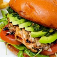 Grilled Chicken Sandwich · Fresh Chicken grilled or fried served with Chimichurri Sauce, lettuce, tomato, avocado, red ...