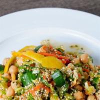 Flavorful And Satisfying Quinoa Salad · Made fresh daily with quinoa and  fresh cucumbers, and garbanzo beans, cherry tomatoes, and ...