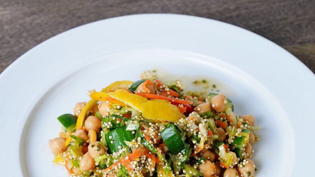 Flavorful And Satisfying Quinoa Salad · Made fresh daily with quinoa and  fresh cucumbers, and garbanzo beans, cherry tomatoes, and with our house vinegar sauce