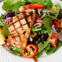 Garden Spring Grilled Chicken Salad · Made fresh daily with mixed baby greens, cherry tomatoes, onions, and bell pepper with our h...