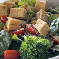 Bold Salad · Arugula, spinach, quinoa, crispy tofu, broccoli, cheddar, cherry tomatoes, sweet corn, chick...