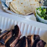 Grilled Steak Tacos For Two!!!!! · seasoned black beans / mexican rice / guacamole / salsa verde / flour tortillas