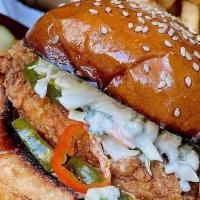 Fried Chicken Sandwich · smoked blue cheese cole slaw / hot sauce mayo / pickles / served with fries