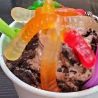 Mud Pie · blended w/brownie bites, topped with oreo crumbles and gummi worms