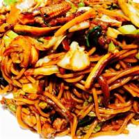 Jaengban-Jjajang · HOME MADE NOODLE WITH SPICY BLACK BEAN SAUCE ARE STRI-FRIED WITH ASSORTED VEGETABLE,PORK,SHR...