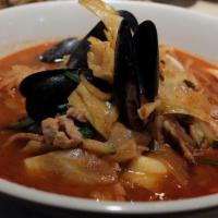 Jjamppong · home made noodle with pork,black mussel,squid and vegetables in a spicy broth