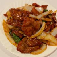 Mongolian Beef Lunch · Sliced tender beef seared with onions, scallions in special mongolian sauce.