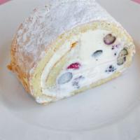 Cake Roll Slice · almond sponge cake rolled with vanilla whipped cream & mixed berries